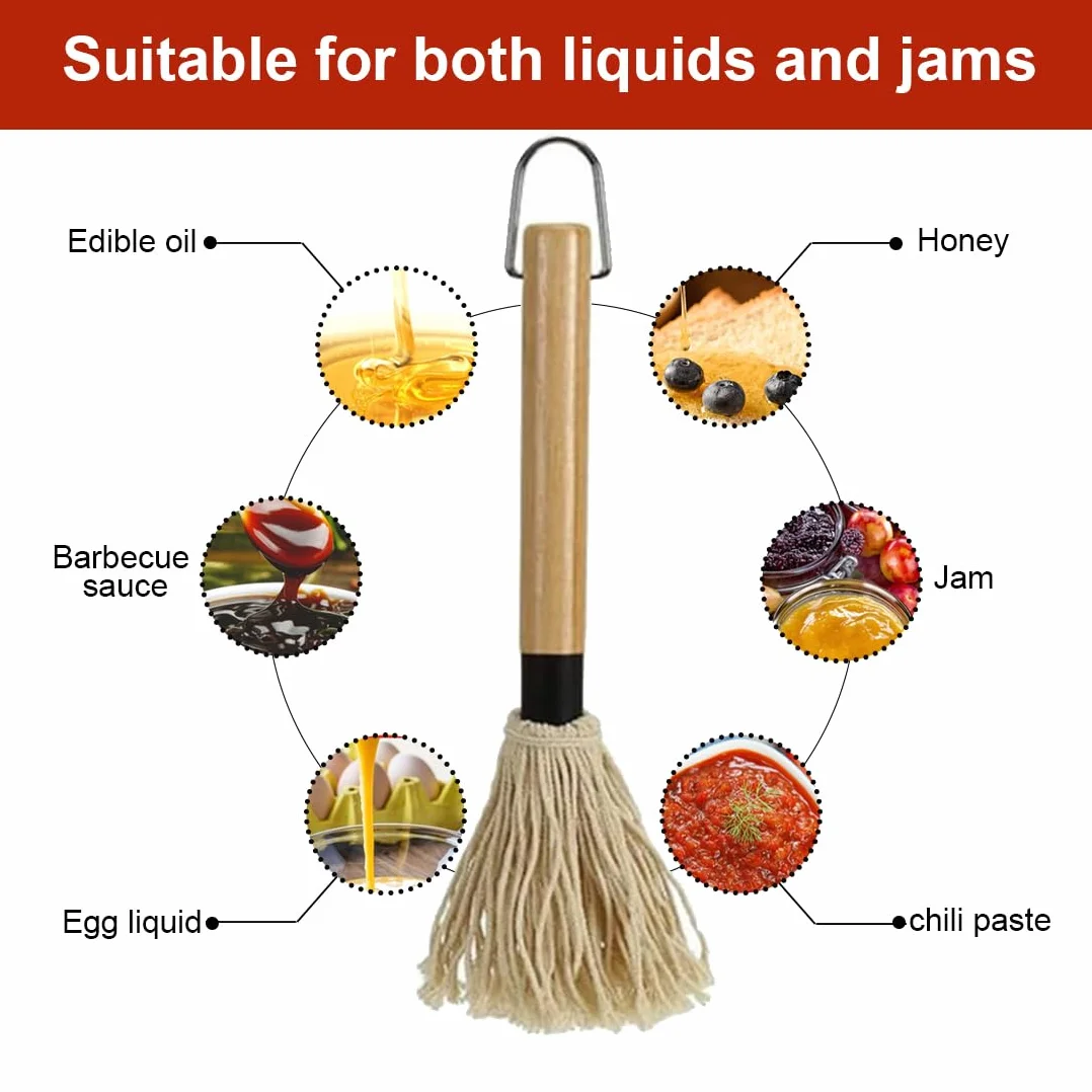 WUSJCOF Pinceaux pour Barbecue, 1 pièce, Brosse Professionnelle Sauces et Marinades, Manche en Bois Long (18 cm), 2 de Rechange Supplémentaires, BBQ MOP Cuisson et Cuisine Badigeonner