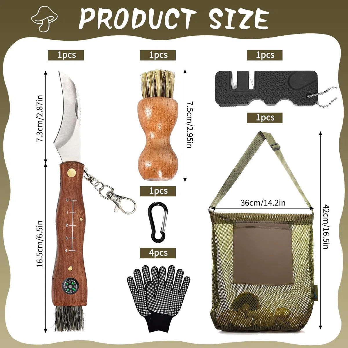 Couteau à Champignons avec Brosse,Sac de Cueillette de Champignons,Couteau mycologique,pour Les Cueilleurs de Champignons,Camping,Randonnée