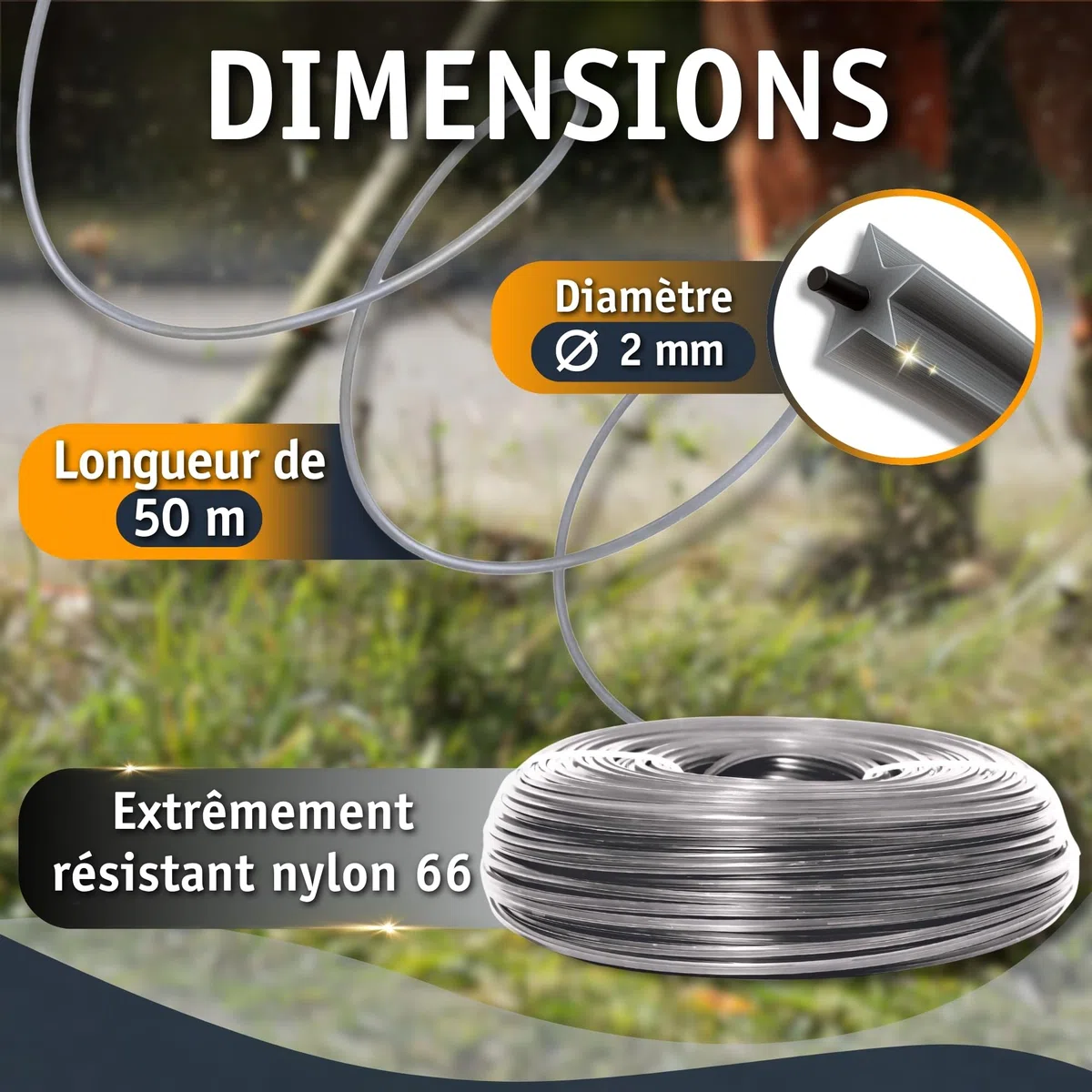 Fil de débroussailleuse 2mm renforce 50m (Ronde) - Attention - Extrêmement résistant - Fil Coupe Bordure - Fil pour Rotofil - Bobine de Fil debroussailleuse incassable