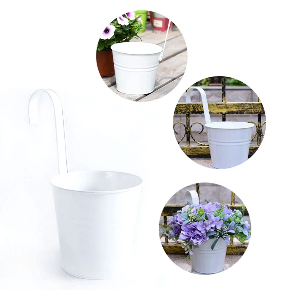Pot Fleur Suspendu Extérieur 4 Pièces Pots de Fleurs Suspendus pour Balcon Balconniere Exterieur Métal Pots de Fleurs Suspendus avec Trou de Drainage Pot de Fleur pour Une clôture, Blanc