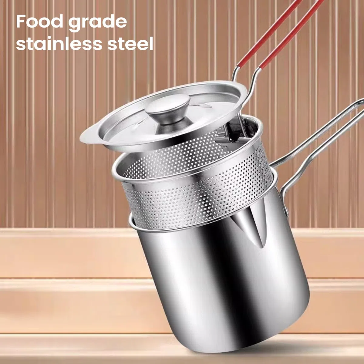 Faitout en acier inoxydable - Friteuse en acier robuste, panier amovible, couvercle inclus, appareil de cuisine polyvalent, restauration en camping-car ou camion de restauration | Outil de cuisine