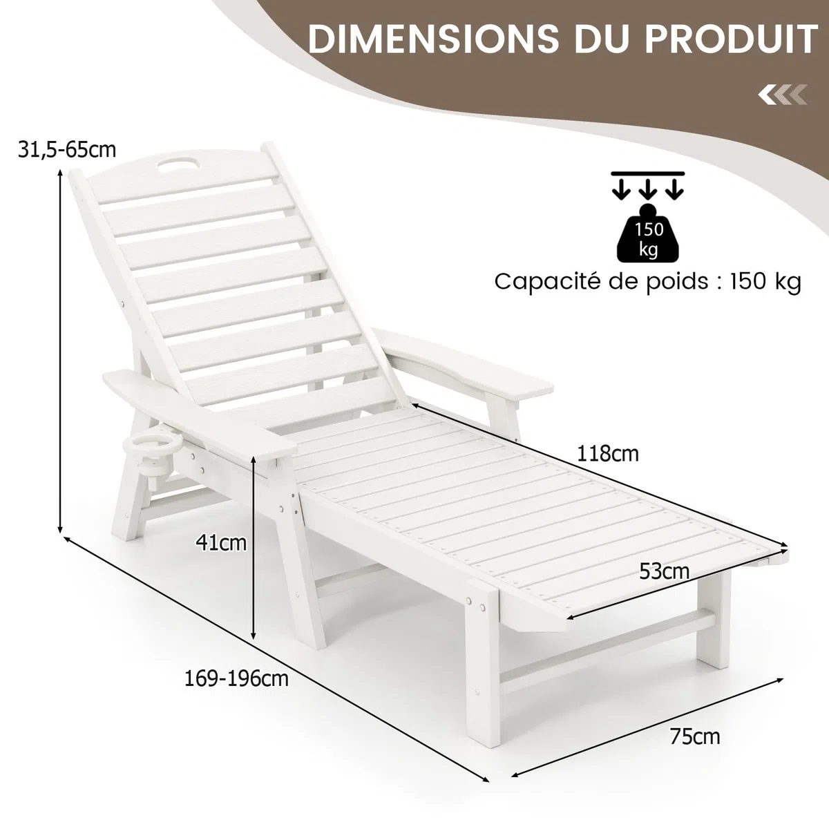 COSTWAY Bain de Soleil en HDPE Réglable sur 4 Niveaux, Blanc