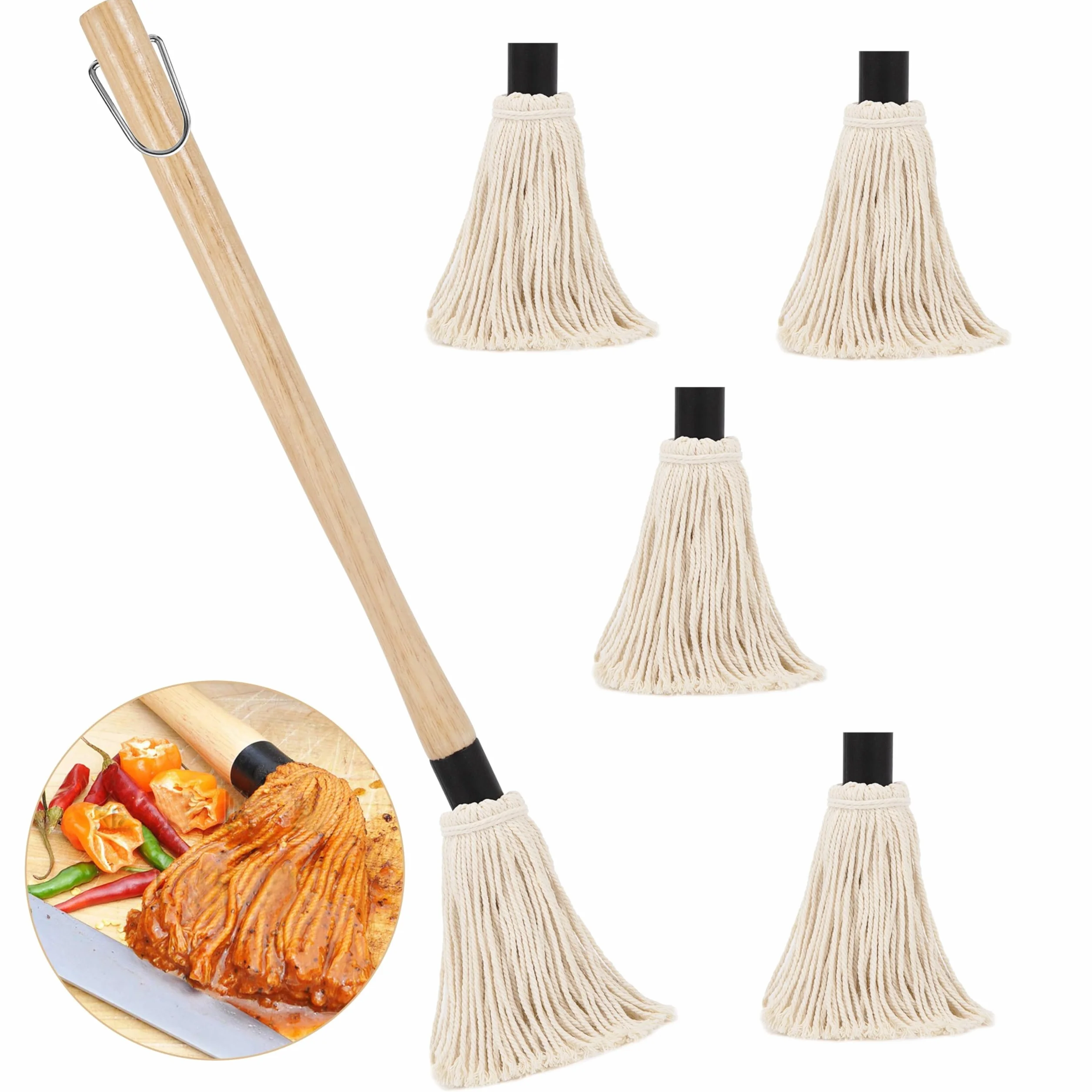 Pinceaux pour Barbecue, 46 cm Brosses de Barbecue Sauce, Cuisine Badigeonner Serpillière à Manche Long en Bois avec 4 têtes de Rechange supplémentaires, BBQ MOP pour Cuisson Marinades