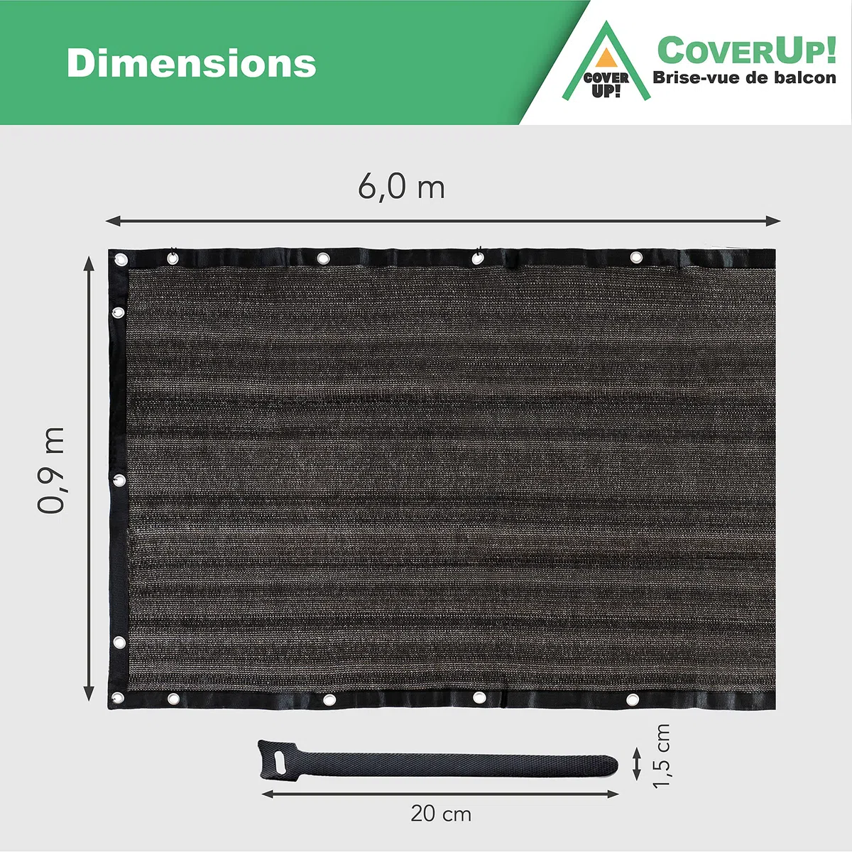 Coverup! Brise-Vue pour Balcon 0,9 x 6 m Noir [180 g/m²] - Brise-Vue de Balcon de Haute qualité pour Toile de Balcon avec Attaches de câble Velcro réutilisables