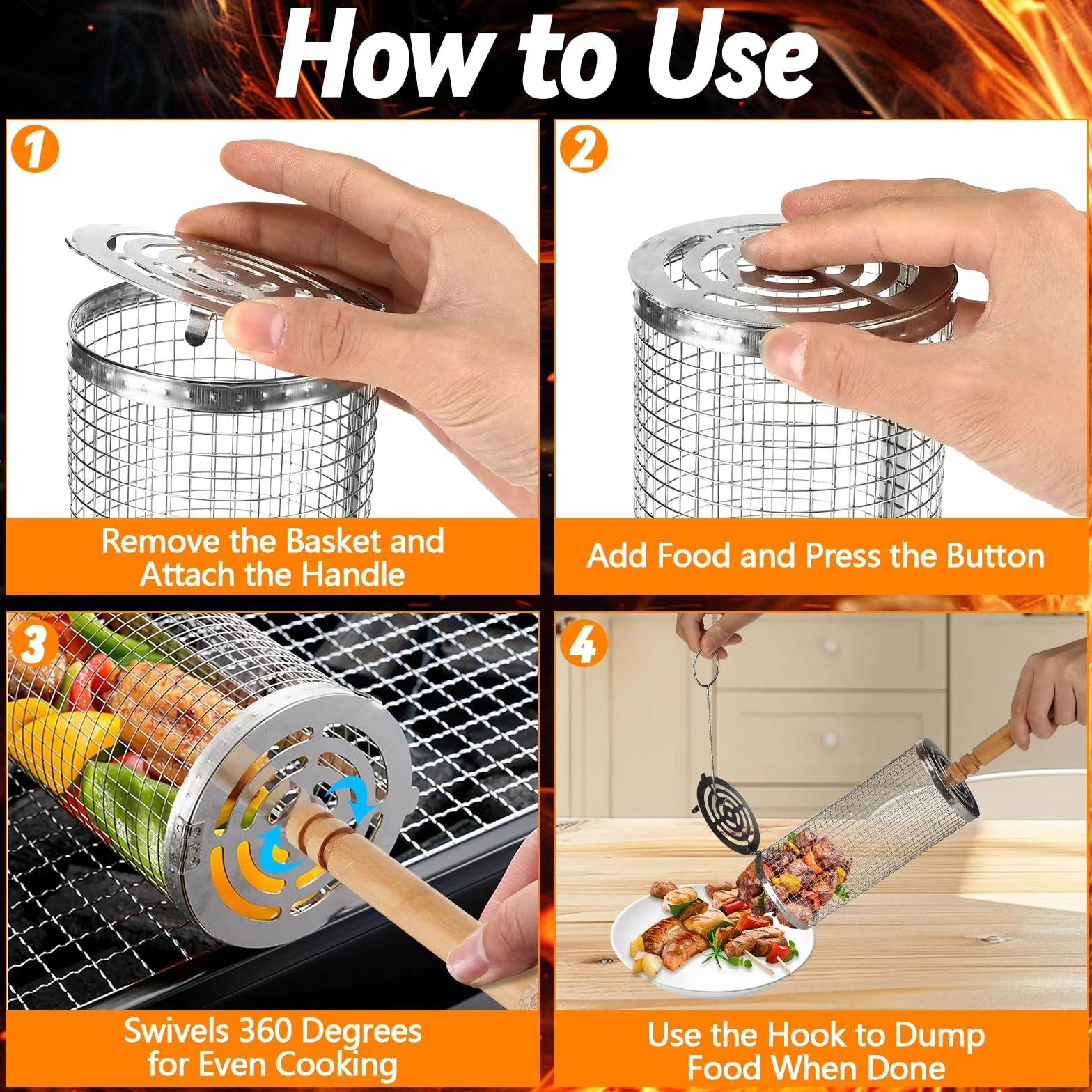 Farerkass Panier à Griller Roulant, 2 Pièces Panier de Barbecue en Acier Inoxydable, Panier de Grillage Enroulable avec Poignée, Accessoires de Barbecue pour Légumes Viande