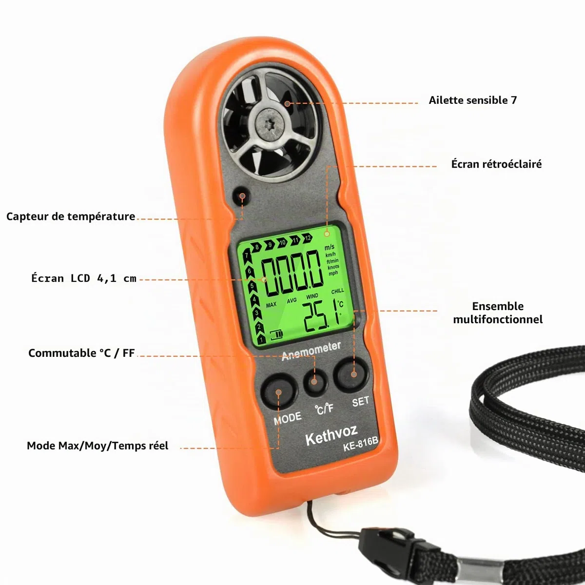 Mini Anemometre Portable VMC, Kethvoz Exterieur Jauge de Vitesse du Vent Numérique avec Max/AVG/Valeur Actuelle Mesure 0~30 m/s Débit d'Air Vitesse et Température KE-816B