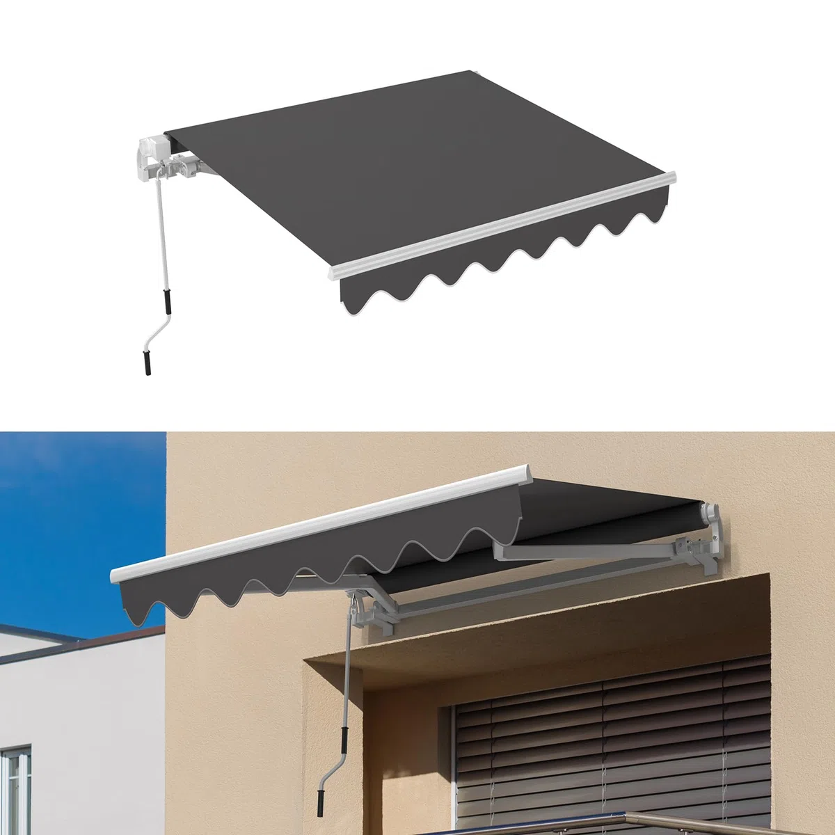 Store Banne Manuel 2.5x2M, Auvent Réglable Aluminium, Store avec Manivelle à Bras Articulés, Anti-UV, Résistant au Vent, Inclinaison réglable, Facile à Installer, pour Terrasse et Balcon, Gris Foncé