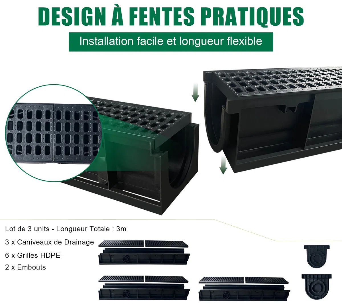 Lot de 3: 1000 x 155 x 138 mm Caniveau Terrasse en PEHD Noir avec Grille, A15 caniveau extérieur de Drainage en PEHD, 3m, pour l'allée, Le Jardin, la terrasse, Le Cour