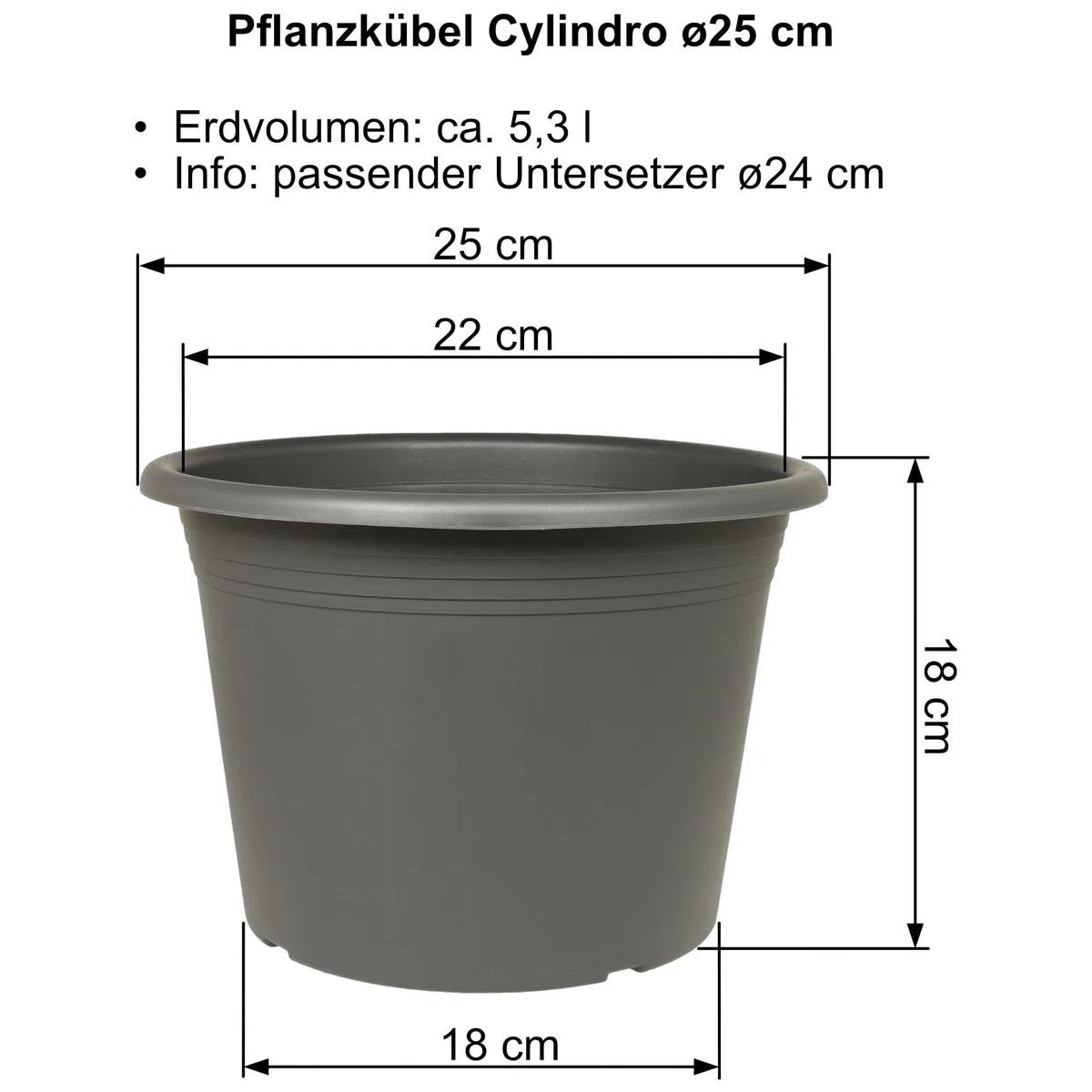 MePla - Pot de fleurs cylindrique Ø 25 cm + soucoupe Ø 24 cm, anthracite, résistant aux intempéries en plastique résistant aux UV