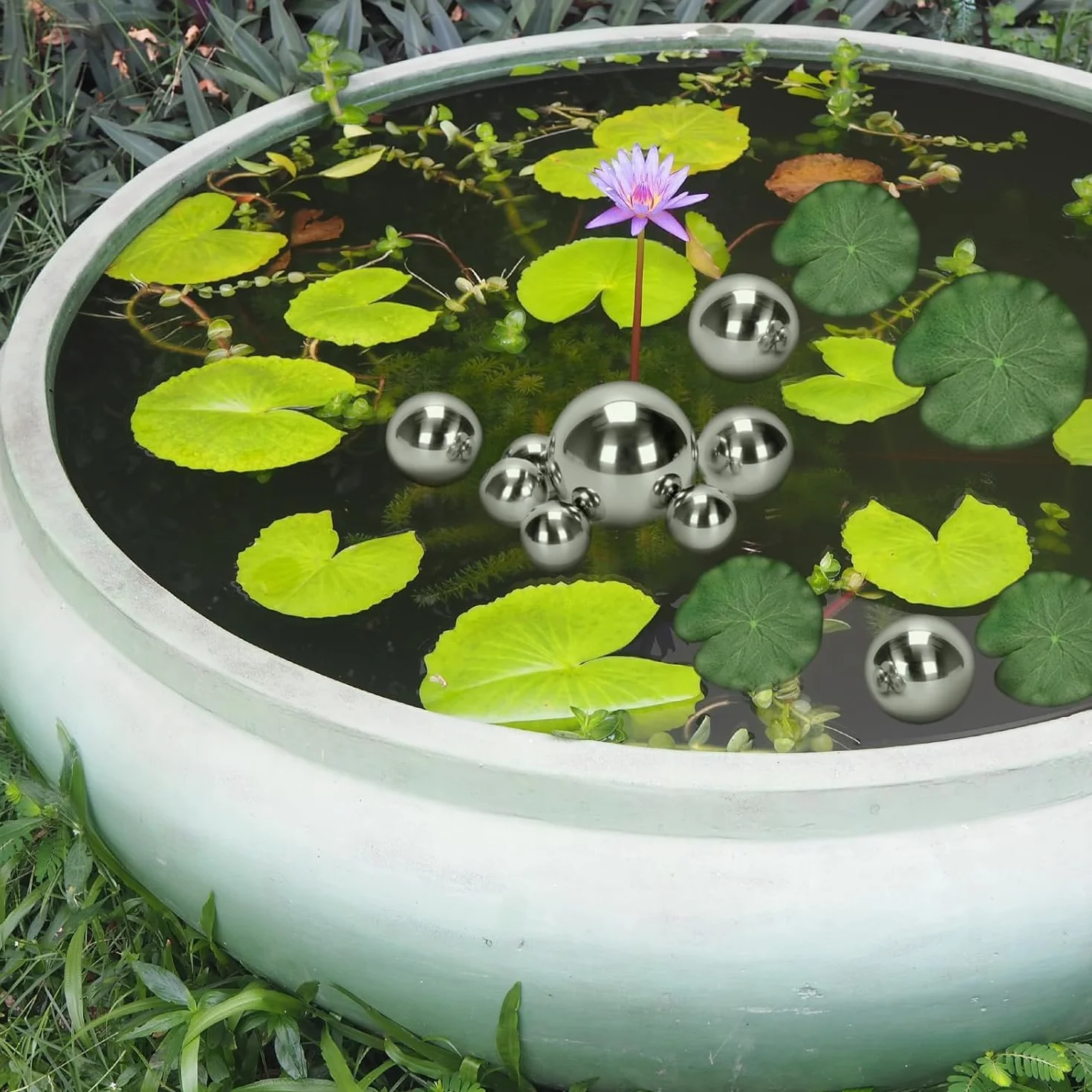 Lot de 9 boules flottantes argentées avec 3 feuilles de lotus flottantes pour mini étang, terrasse, bassin, fontaine solaire, jardin, balcon, bassin, décoration