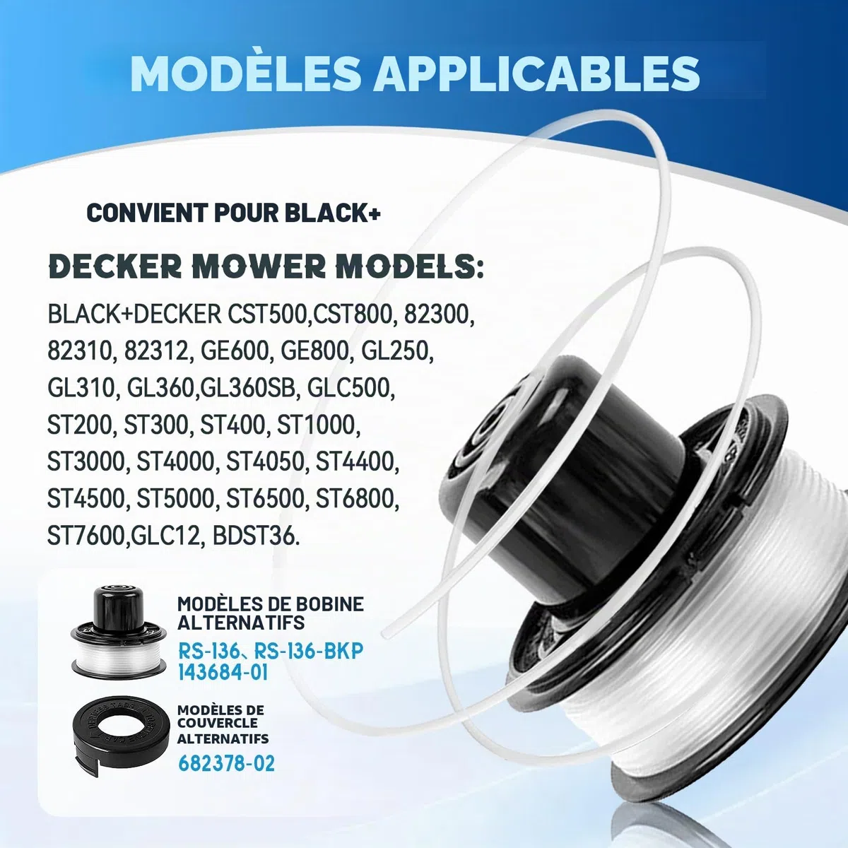 Bobine Fil Coupe Bordure Compatible avec A6226-XJ A6226 RS-136-BKP RS-136,Convient pour Black+Decker GL250,GL310,GL360,GL360SB,CST500,CST800,Ø1,65mm-6,1m(4 Bobine+1 Couvercle+1 Ressort)