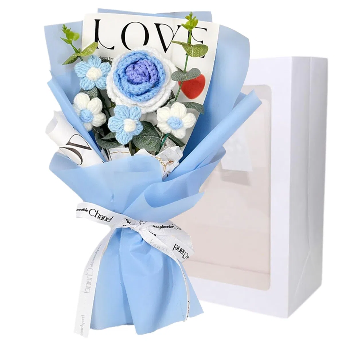 Bouquet de fleurs au crochet, 7,9 x 11,8" roses au crochet, 5 têtes de fleurs tricotées, bouquet de fleurs au crochet pour mariage, Saint-Valentin, anniversaire, fête des mères, fleurs tricotées bleue