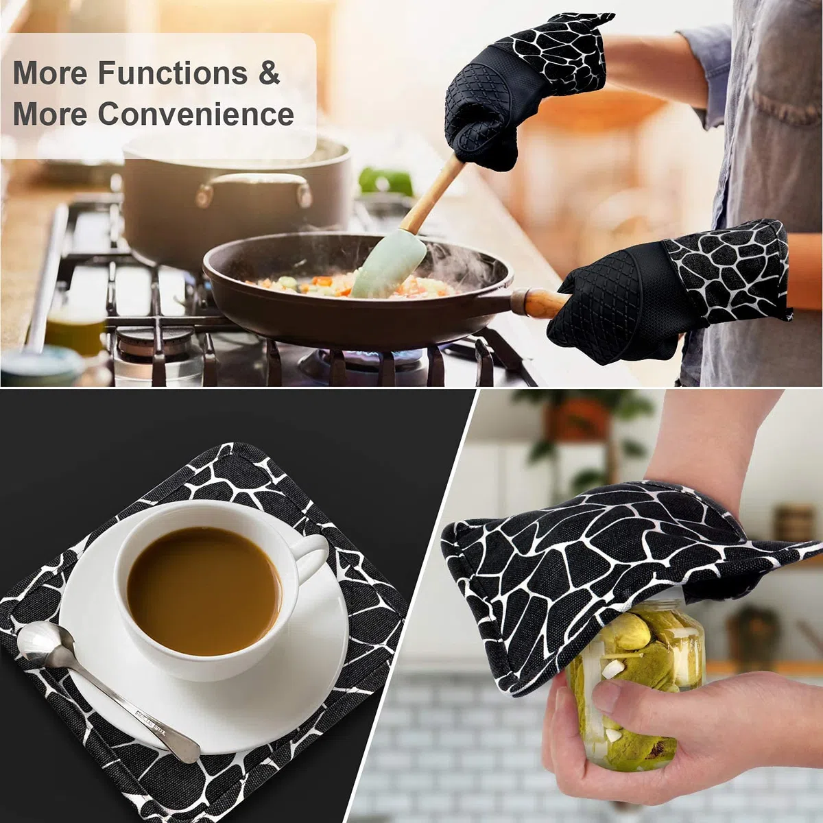 Silicone Gants de Cuisine, Gants de Barbecue Résistant à Chaleur 1 Paire et 2 Maniques, Parfait pour Grill BBQ Cuisine Four de Cuisson (Black)