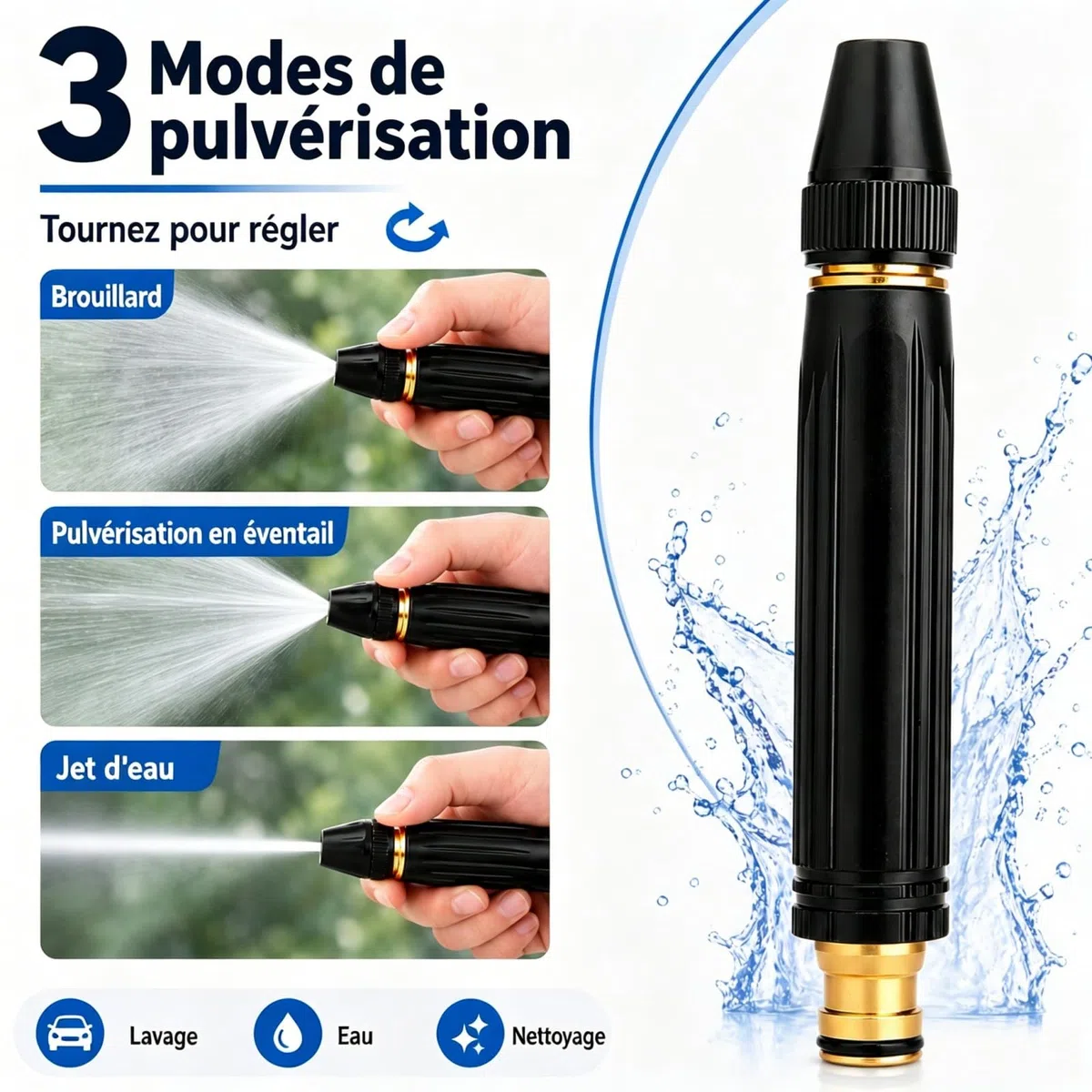 Buse Haute Pression pour Tuyau Arrosage et Pistolet Haute Pression Tuyau Arrosage, Tête, Jet Multi-Fonction, Embout de Nettoyage pour Voiture, Cour et Jardin (C)