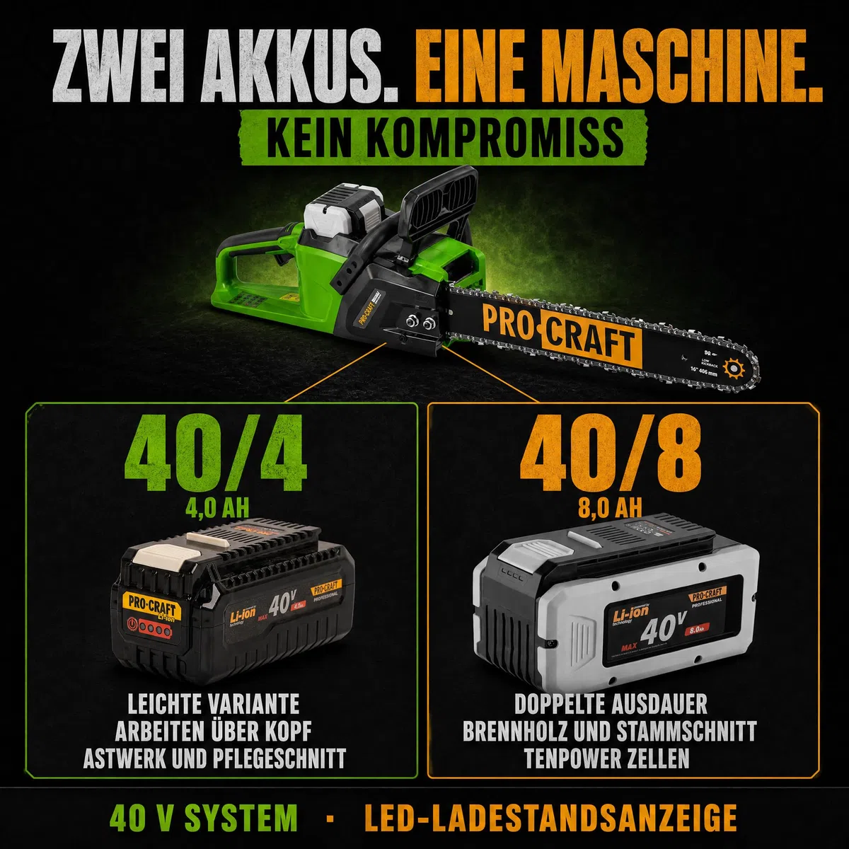 Procraft PKA48Li Tronçonneuse sans fil 40 V 406 mm Brushless + 1 batterie 8,0 Ah + chargeur