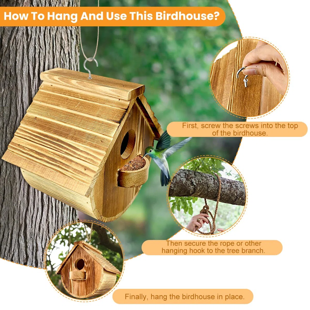 Hanging Bird, Nichoir Oiseaux Extérieur, Cabane Oiseaux à Suspendre avec Diamètre d'Entrée 4 cm, Maison Oiseau en Bois Naturelle, Nichoir Oiseaux de Jardins, pour Moineaux Mésanges Balcon