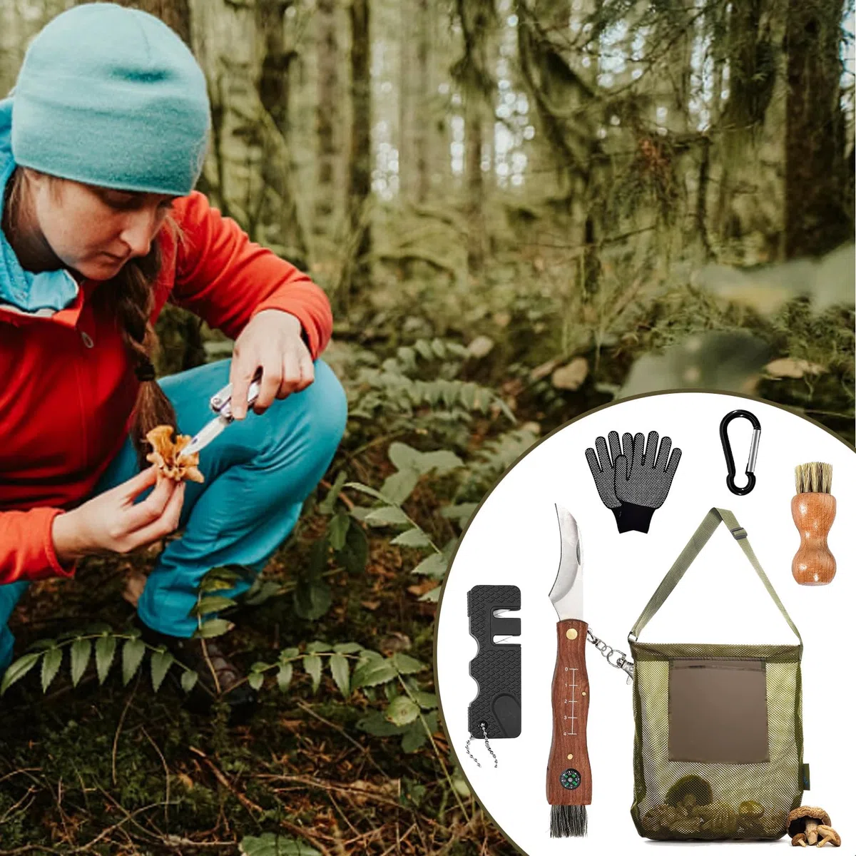Couteau à Champignons avec Brosse,Sac de Cueillette de Champignons,Couteau mycologique,pour Les Cueilleurs de Champignons,Camping,Randonnée