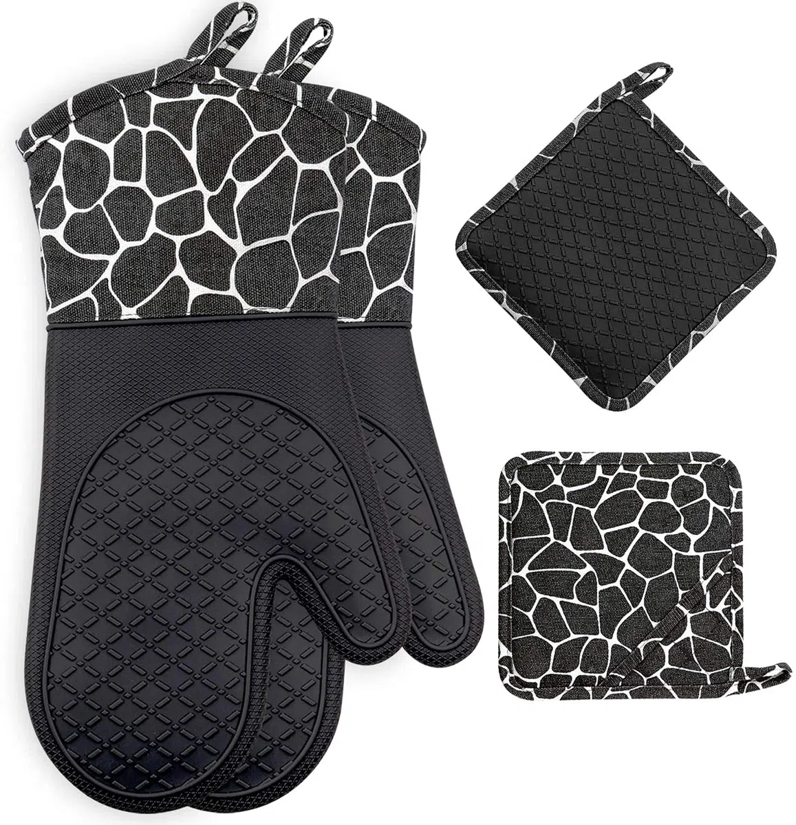 Silicone Gants de Cuisine, Gants de Barbecue Résistant à Chaleur 1 Paire et 2 Maniques, Parfait pour Grill BBQ Cuisine Four de Cuisson (Black)