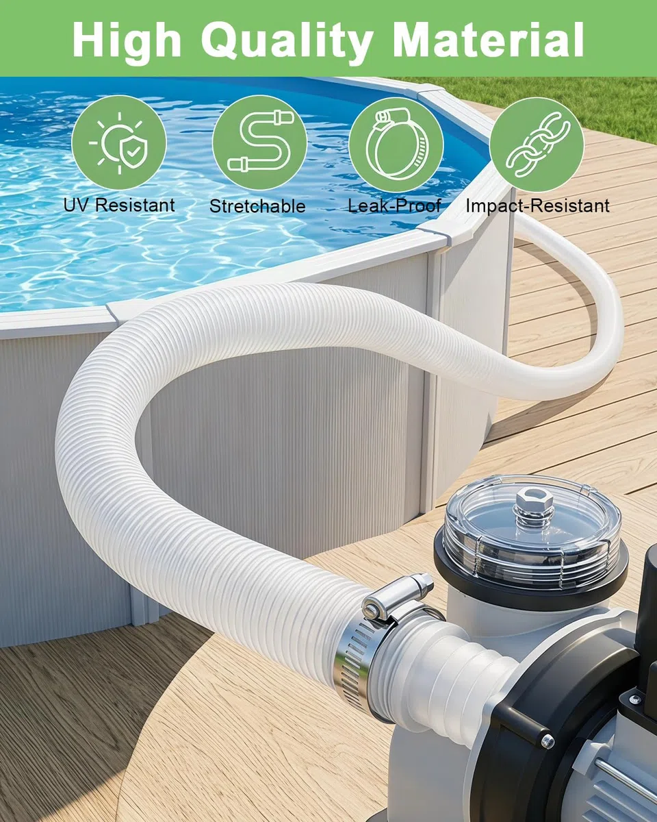 2Pcs Tuyau Piscine 32mm, 150cm Tuyau de Rechange avec 4 clips de fixation et 1 raccord, pour Piscine et Pompe de Filtration