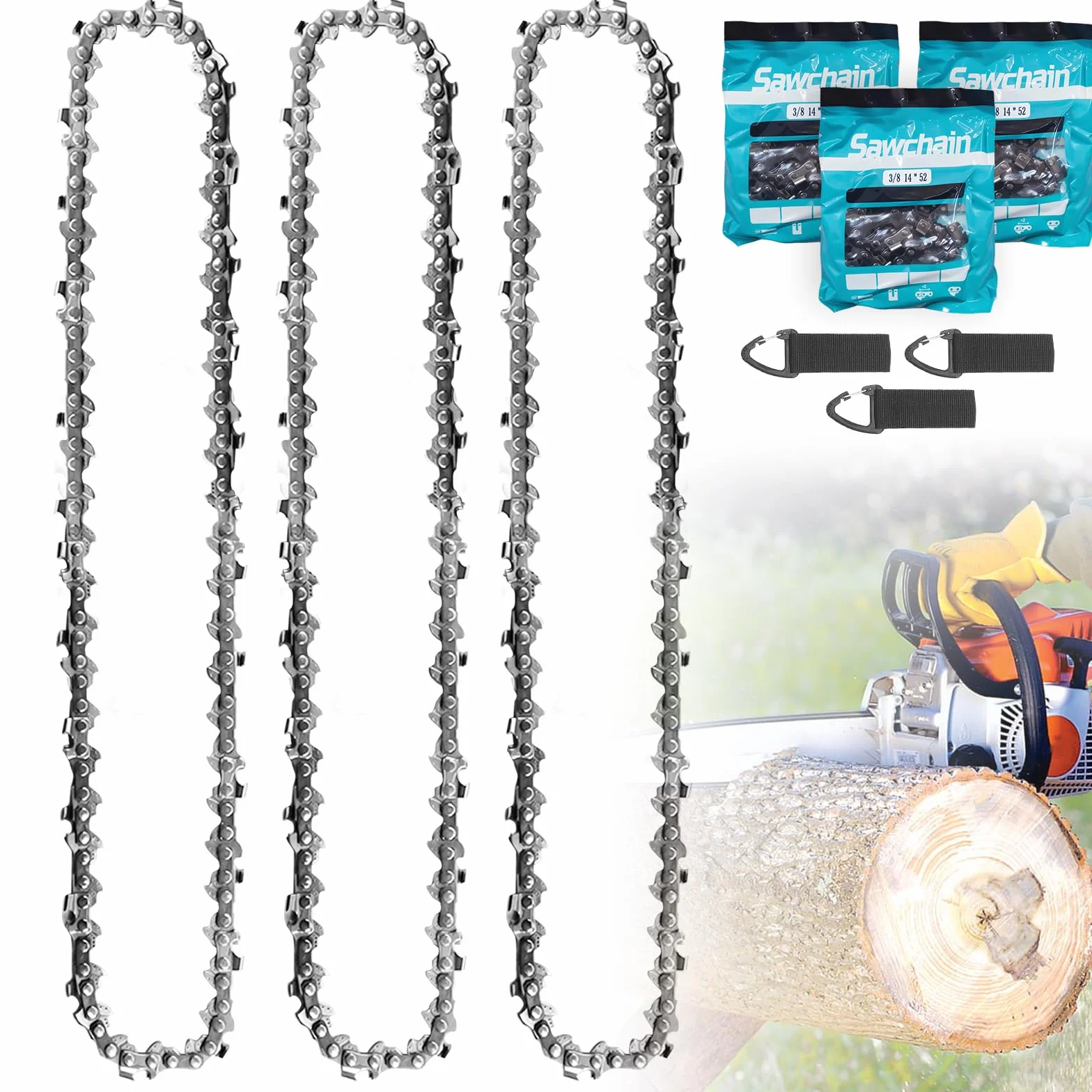 3 x Chaîne Tronçonneuse 35 cm, 3/8" LP 52 Maillons, Jauge 1,3 mm – Chaîne de Rechange Antirebond pour Guide 14 Pouces, Compatible avec Husqvarna Dolmar Einhell Makita Hitachi Oregon