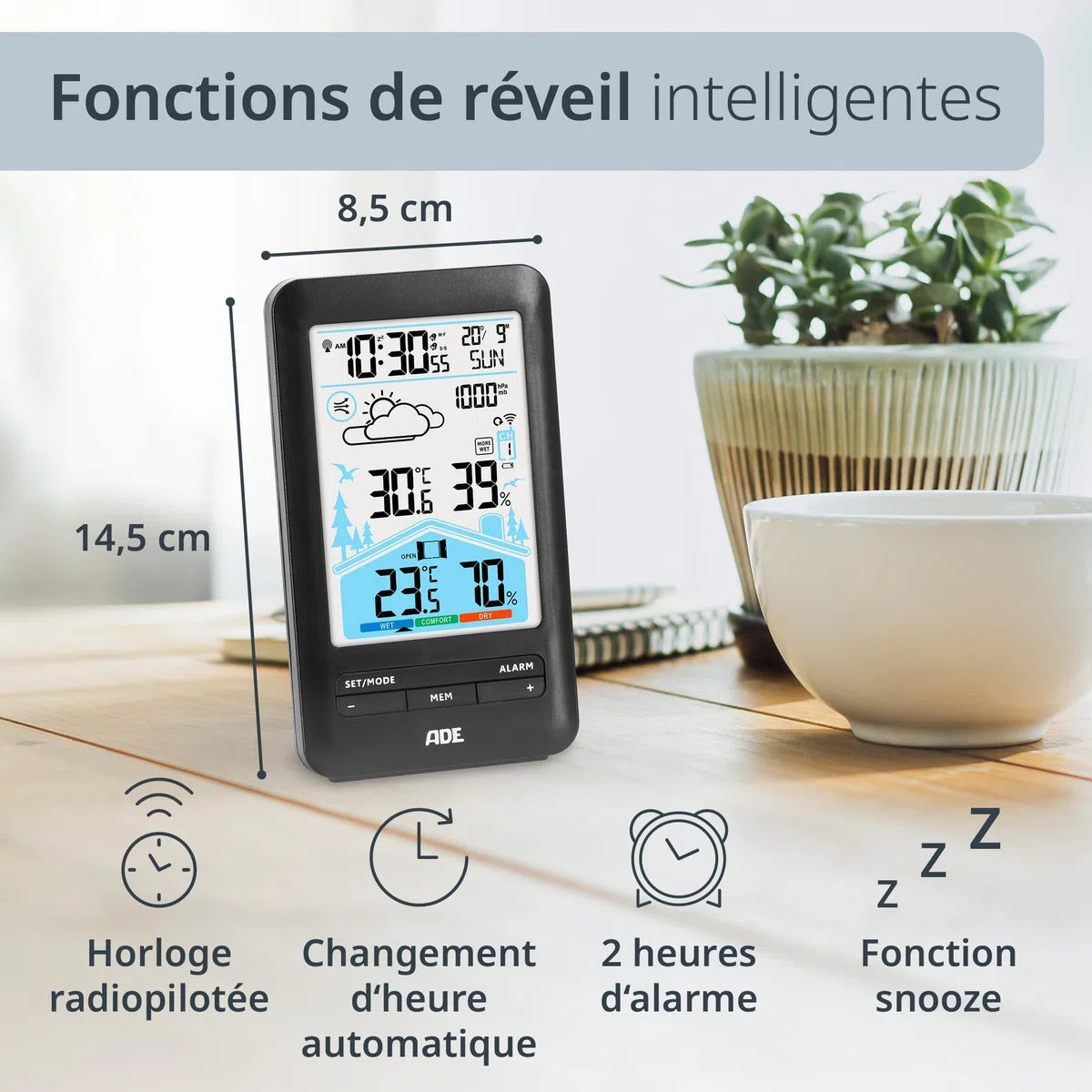 ADE Station méteo numérique avec capteur extérieur | Thermomètre, hygromètre, baromètre | Horloge radio-pilotée avec double alarme | Prévisions météo animées | Grand écran couleur LCD