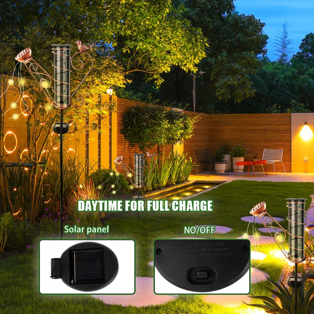 Pluviometre Exterieur Jardin, Pluviometre Exterieur Resistant Gel avec Piquet en Métal, Solaire Pluviomètre en Verre avec Lumière, Pluviomètres pour Jardin, Cour, Terrasse, Allée de Pelouse