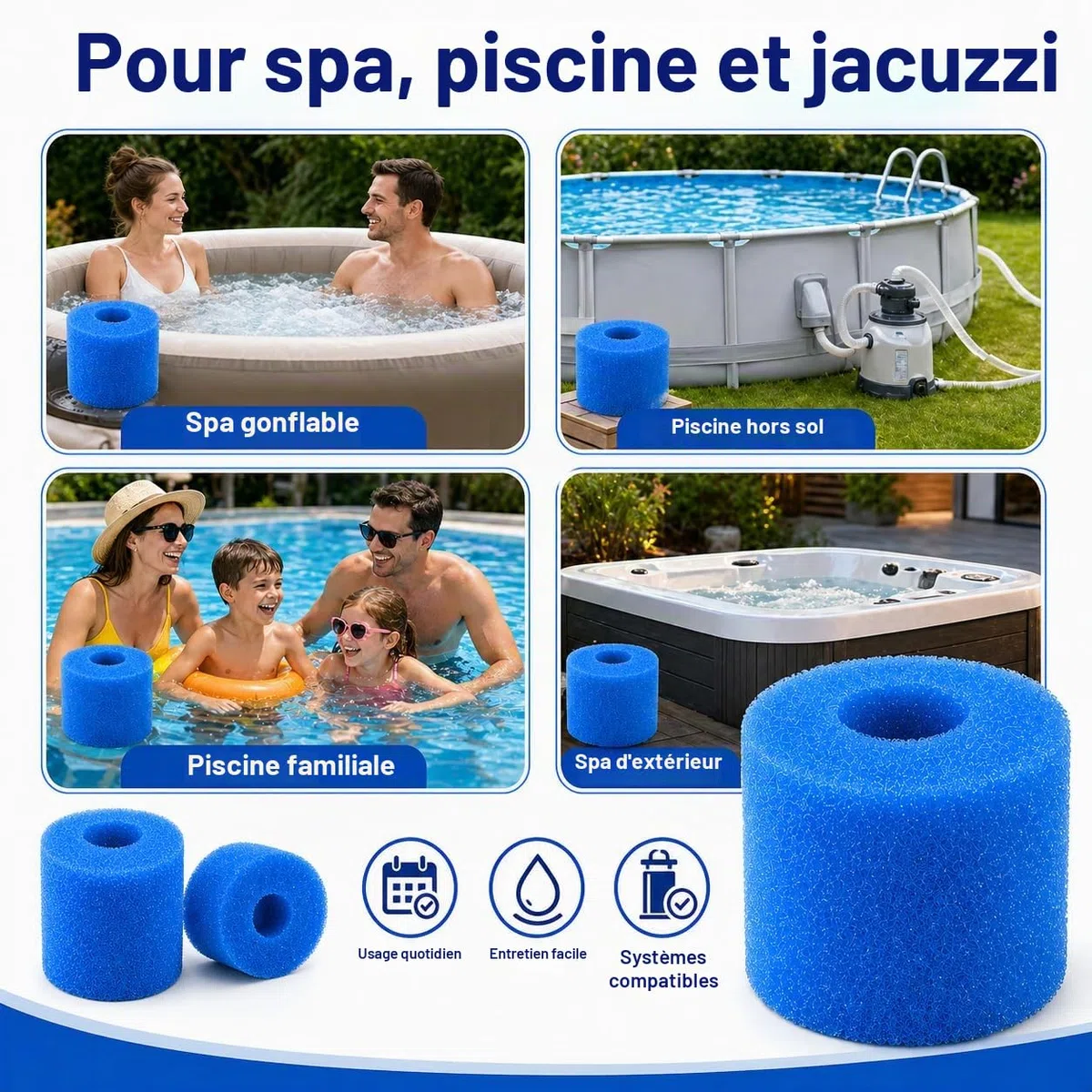 Lot de 6 Filtres Mousse Piscine 108 x 40 x 73 mm, Cartouches Filtre Spa Lavables, Compatibles Intex Type S et Bestway Lay-Z-Spa, Éponge Filtrante pour Jacuzzi