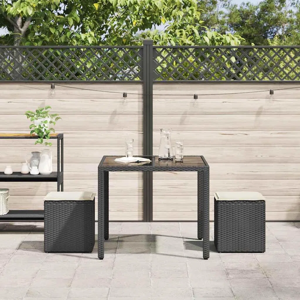 Lot de 2 tabourets de jardin avec coussins, noir, 40 x 40 x 43 cm, en rotin synthétique, résistant aux intempéries, espace de rangement, pour extérieur, terrasse, balcon, avec rembourrage et