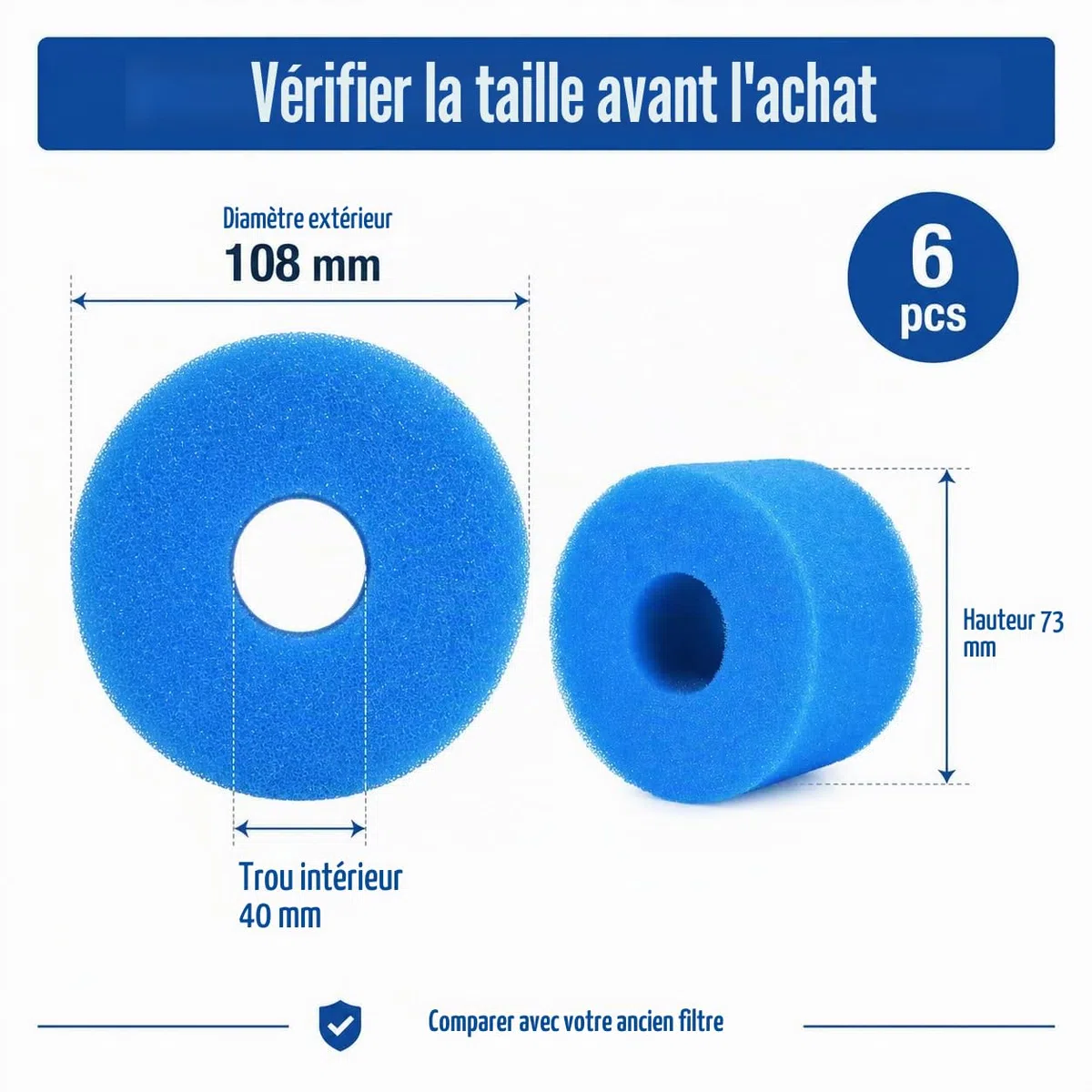 Lot de 6 Filtres Mousse Piscine 108 x 40 x 73 mm, Cartouches Filtre Spa Lavables, Compatibles Intex Type S et Bestway Lay-Z-Spa, Éponge Filtrante pour Jacuzzi