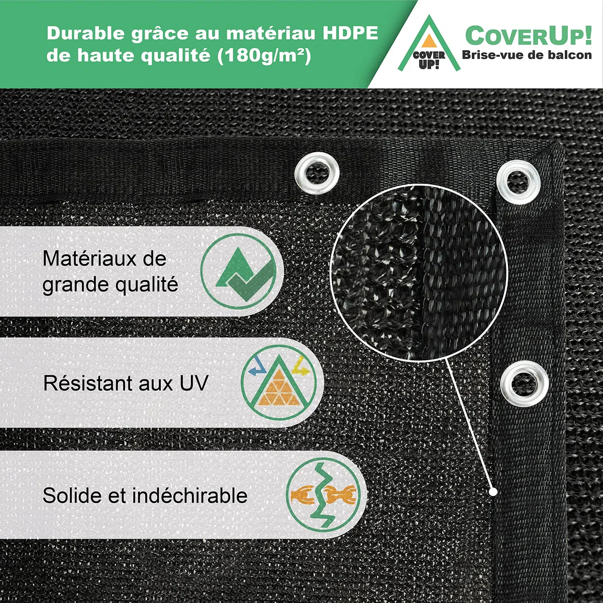 Coverup! Brise-Vue pour Balcon 0,9 x 6 m Noir [180 g/m²] - Brise-Vue de Balcon de Haute qualité pour Toile de Balcon avec Attaches de câble Velcro réutilisables