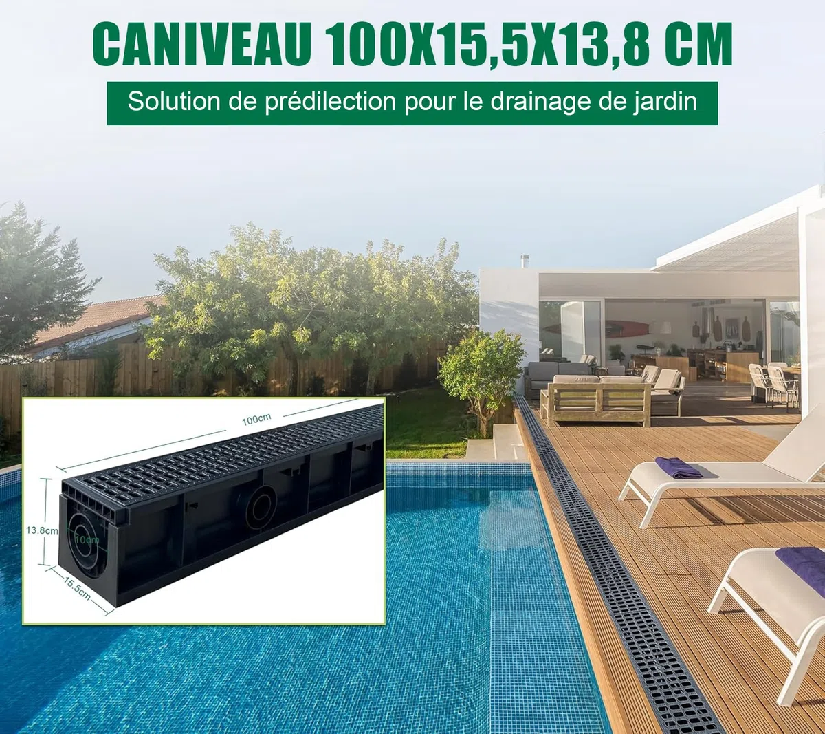 Lot de 3: 1000 x 155 x 138 mm Caniveau Terrasse en PEHD Noir avec Grille, A15 caniveau extérieur de Drainage en PEHD, 3m, pour l'allée, Le Jardin, la terrasse, Le Cour