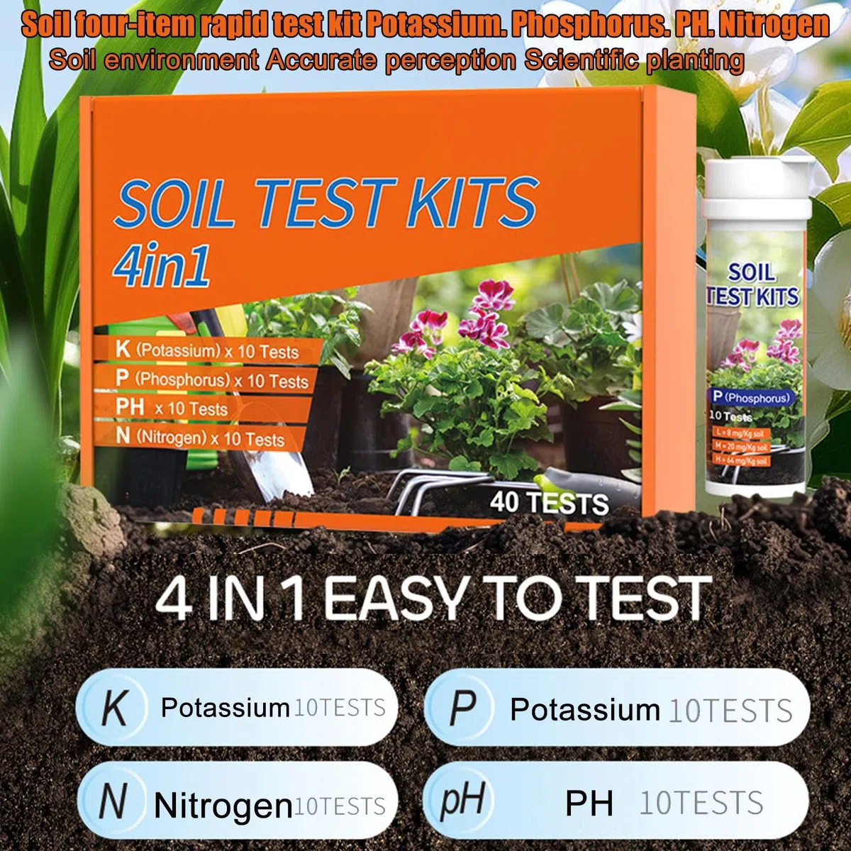 Générique 4-in-1 Soil Test Kit - 40 Tests for Nitrogen, Phosphorus, Potassium & PH, Garden Nutrient Tester Strips for Vegetable Plots, Lawns & Greenhouses